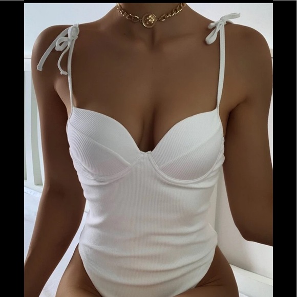 🆕 Tie Shoulder Ribbed One Piece Swimsuit - Picture 1 of 5